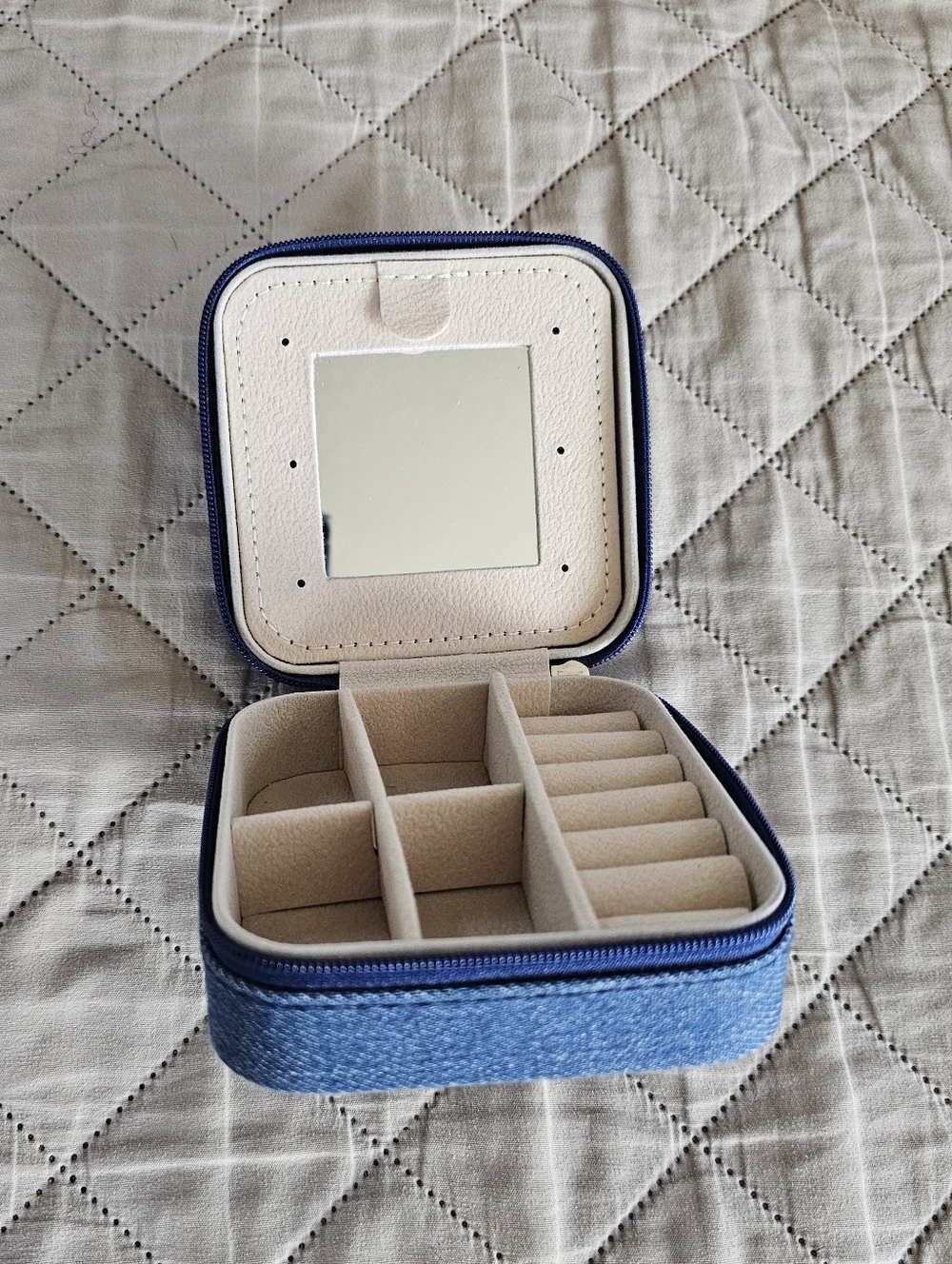 Travel Jewelry Case with Mirror - Blue Denim Exterior, J Initial